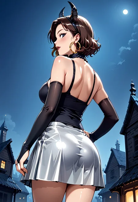 Very detailed pic, View from below, detailed hands, Yumi Omura, Big breasts, solo, jewelry, earrings, breasts, hoop earrings, bridal gauntlets, horns, skirt, from behind, medium breasts, hand on hip, ass, looking back, back, Silver skirt, SilverOutfit , Silver bra cemetery background, graves, pumpking, bats