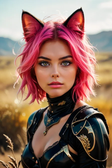 realneko, cinematic raw textured photography by Alessio Albi and Steve McCurry and RIchard Avedon and Jeremy Mann, depth of field, film grain, dramatic lighting, wearing sexy cloth armor, nature, fantasy, soft light, (natural human skin with visible pores and minor blemishes:0.0) very-short-asymmetrical-haircut <lora:realneko:1> <lora:sinfully_stylish_SDKL:0.631> <lora:SDXLFaeTastic2400:0.41>  <lora:zavy-hrglw-sdxl:0.31> zavy-hrglw, neon pink hair,  <lora:EnvyStarlightPrettyEyes01:0.21> <lora:EnvyStarlightFantasyPhoto01:0.21> <lora:FantasyInteriors:0.31> FantInt
