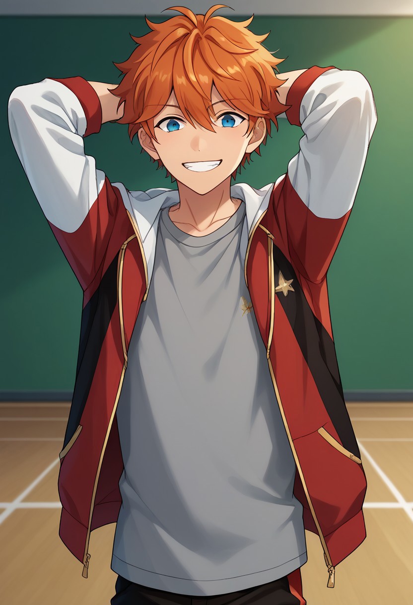 score_9, score_8_up, score_7_up, source_anime, highly detailed, 
subaruake, 1boy, male focus,  smile, blue eyes, orange hair, solo, jacket, looking at viewer, arms behind head, grin, pants, grey shirt, shirt, track jacket, red jacket, white sleeves, upper body,
indoor,
