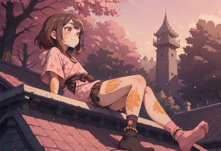 masterpiece,best quality,amazing quality, solo, vibrant, sharp lines, outlines, bold lines, anime screencap, anime coloring, sharp, detailed, clean lines, shadows, light particles, colorful, 2d, lineart, 
1girl,   reddish-brown hair,  brown eyes,     mismatched socks,    dyed eyebrows,  locket, beaded anklet, fair skin  light Orange scales, scaled skin, patterned skin, nanofiber pattern,, happy expression, 
from below, from side, sitting on the edge, 
soles,  leaning back, 
clothing pattern, cherry blossom print,        thick eyebrows,      pastel Pink clothes,
 asymmetrical skirt,   padded tunic, 
     distant forest, distant tower, rooftop, cityscape, 
 <lora:StS-Illustrious-Detail-Slider-v1.0:1> <lora:re4lity:0.4> re4lity_sync_illu <lora:capstyle:0.3> cpsle2 <lora:setcolor:0.3> setcolor <lora:anime_screencap-IllustriousV2:0.8> <lora:SweetCreamCake_IL:0.6> <lora:feet_anime_il_v3:1> <lora:Mimizunooka-ArtStyle:0.4> n00k4-style <lora:LitSilium-ArtStyle:0.3> s1l1um-style <lora:- iLL - the_edgy_mech_V3.0:0.4> <lora:BSS_GLSHS-IL:0.2> GLSHS, delicate colors, partially illuminated, <lora:S4bit4mago:0.8> S4bit4mago_illu,