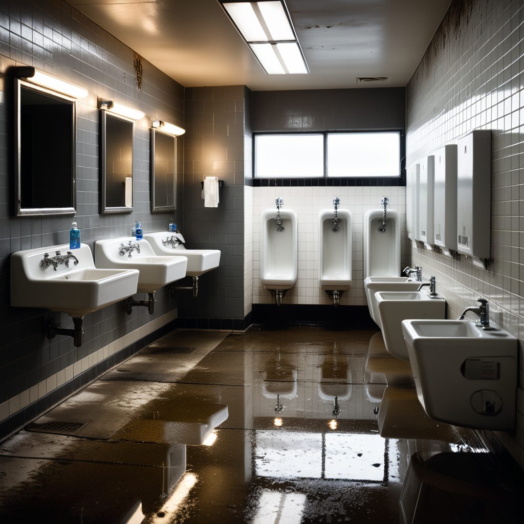 The interior of a public restroom with a utilitarian and slightly neglected design. The walls are covered in plain, slightly stained white tiles, some of which are cracked or chipped. The floor consists of large, dull gray tiles with faint scuff marks and small puddles of water near the sinks. On one side of the room, a row of metal bathroom stalls with scratched doors and faded paint lines the wall. On the opposite wall, a series of wall-mounted urinals made of white ceramic are spaced evenly, each with a metallic flush handle above. Some urinals have faint stains and water streaks, with one having a small puddle beneath it. A row of sinks with old, slightly rusted faucets sits beneath a large, streaked mirror that has smudges and water spots. Above, fluorescent tube lights buzz faintly, casting a cold, sterile glow over the space. A faint smell of cleaning chemicals lingers in the air, mixed with the dampness of the room. A hand dryer is mounted on the wall near the entrance, and a trash bin overflowing with crumpled paper towels stands nearby. The atmosphere feels functional but slightly neglected, emphasizing its everyday use.
<lora:SDXLFaeTastic2400:0.4> <lora:extremely_detailed:0.4> extremely detailed, Masterpiece,best quality,hi res,8k,hi res,8k,award winning,(sharp focus, intricate, highly detailed),