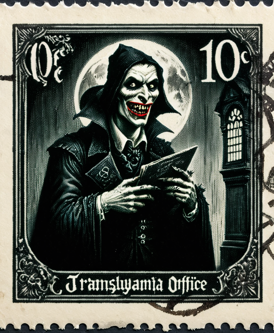 "Transylvania post office" logo, terrible vampire postman, 10c inscription, 8k, F2.8, RAW Photo, ultra detailed, <lora:Dark_Fantasy_Postage_Stamp:1>