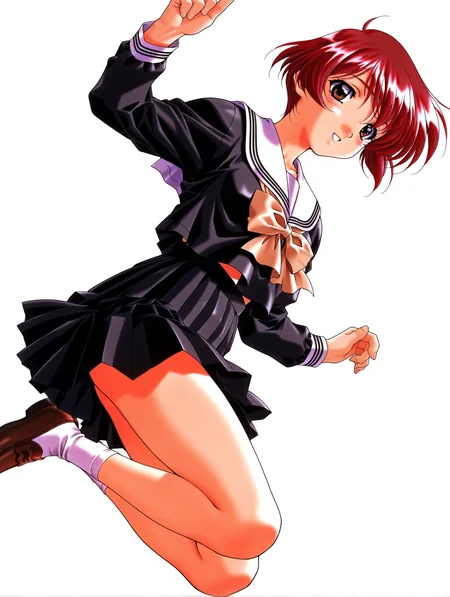masterpiece,best quality,newest,
1girl,solo,
1990s \(style\),retro artstyle,<lora:nanase_yuuilxl_v1.0:1>,n_yuu,short hair,red hair,brown eyes,y_clothes,black serafuku,long sleeves,pleated skirt,white socks,loafers,
<lora:Fixhands_anime_bdsqlsz_V1:1>,light_blush,cinematic_angle,looking_at_viewer,jumping,full body,parted lips,white_background,simple_background,:d,dynamic_angle,