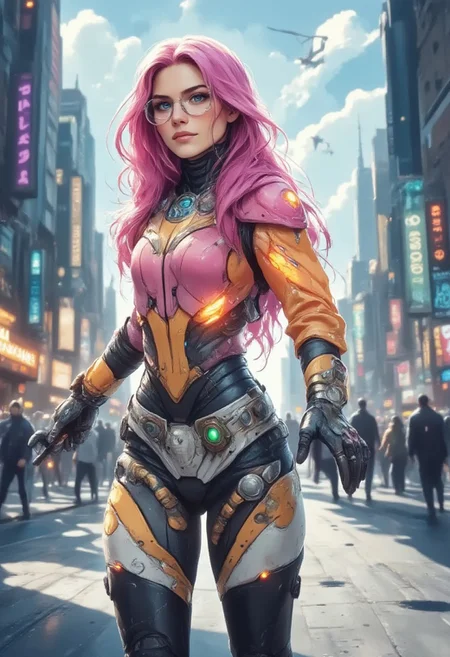 ArsMJStyle, Watercolor, alienzkin, t3chn0, A striking image of a gorgeous woman with long, fuchsia hair cascading down her back striding down the street. Her natural beauty is captured even with her clear blue eyes behind tactical shooting glasses and the bottom half of her face covered by a protective rebreather/gas mask. She has clear skin, and a determined expression. She wears a superhero suit augmented with upper body power armor, orange and white with brass accents and a high collar, while holding a heavy duty flamethrower. The background is a vibrant, cityscape with a modern, urban vibe. The overall ambiance of the photo is energetic and cool, with a touch of street style and heroism.