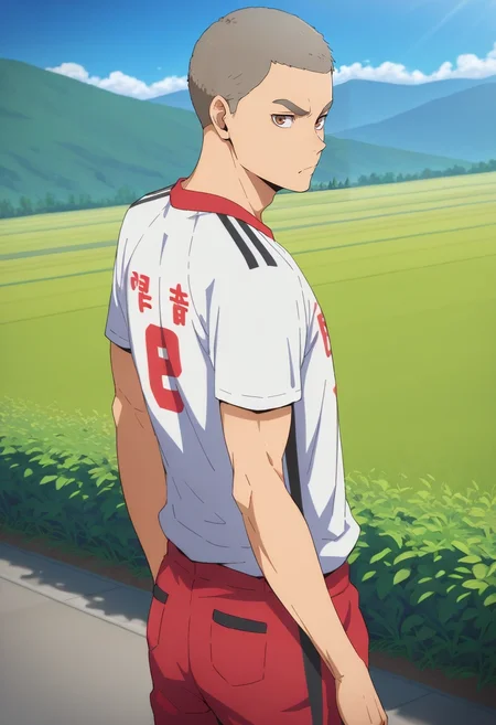 masterpiece, best quality, intricate details, semi-realistic, looking at viewer, 1boy, solo, male focus, <lora:Tamahiko_Teshiro-000009:0.9>, tamahiko_teshiro, grey hair, very short hair, brown eyes, cowboy shot, hill, greenery, midnight, looking back, angry, Cropped chinos, Pocket T-shirt, , ,