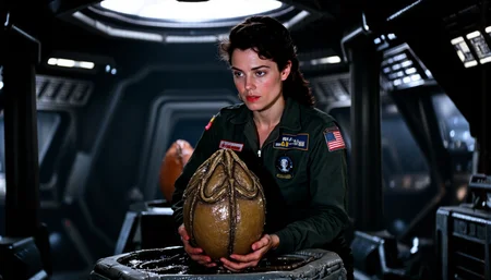 nostromo style,
over shoulder shot, woman wearing jumpsuit discovers a Xenomorph egg sits ominously at the center, its top slightly opening,
spaceship interior, hallway, dimly lit, science fiction, horror,
extremely detailed:1.2, sharp:1.2, bold outlines,
sharp focus, detailed face, clear eyes, Detailed perfect hand