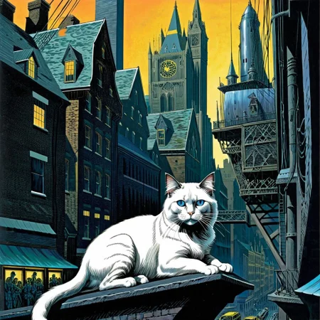 color illustration in (berniewrightson:1.5) style, extremely detailed, masterpiece, tenebrism, high contrast,
Ragdoll Cat in the Futuristic cityscape
<lora:BernieWrightson_Style_XL_V4.1:0.8>