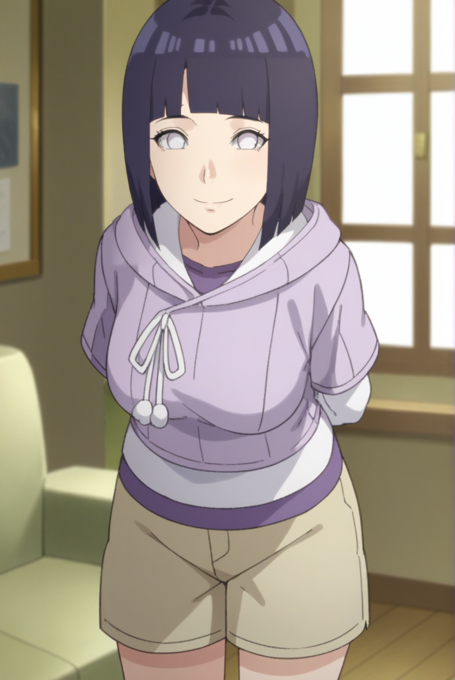 score_9, score_8_up, score_7_up, score_6_up, score_5_up, score_4_up, BREAK source_anime, 1girl, solo,
<lora:HinataBorutoXL-v1-07:0.7>, ChopioHinataBoruto, medium hair, purple hair, shiny hair, bob cut, blunt bangs, no pupils, white eyes, looking at viewer,
medium breasts, mature female,
outfit_1, lilac hoodie, hood down, white shirt, purple undershirt, drawstring, short over long sleeves, brown shorts,
living room, standing, smile, arms behind back, leaning forward, cowboy shot,