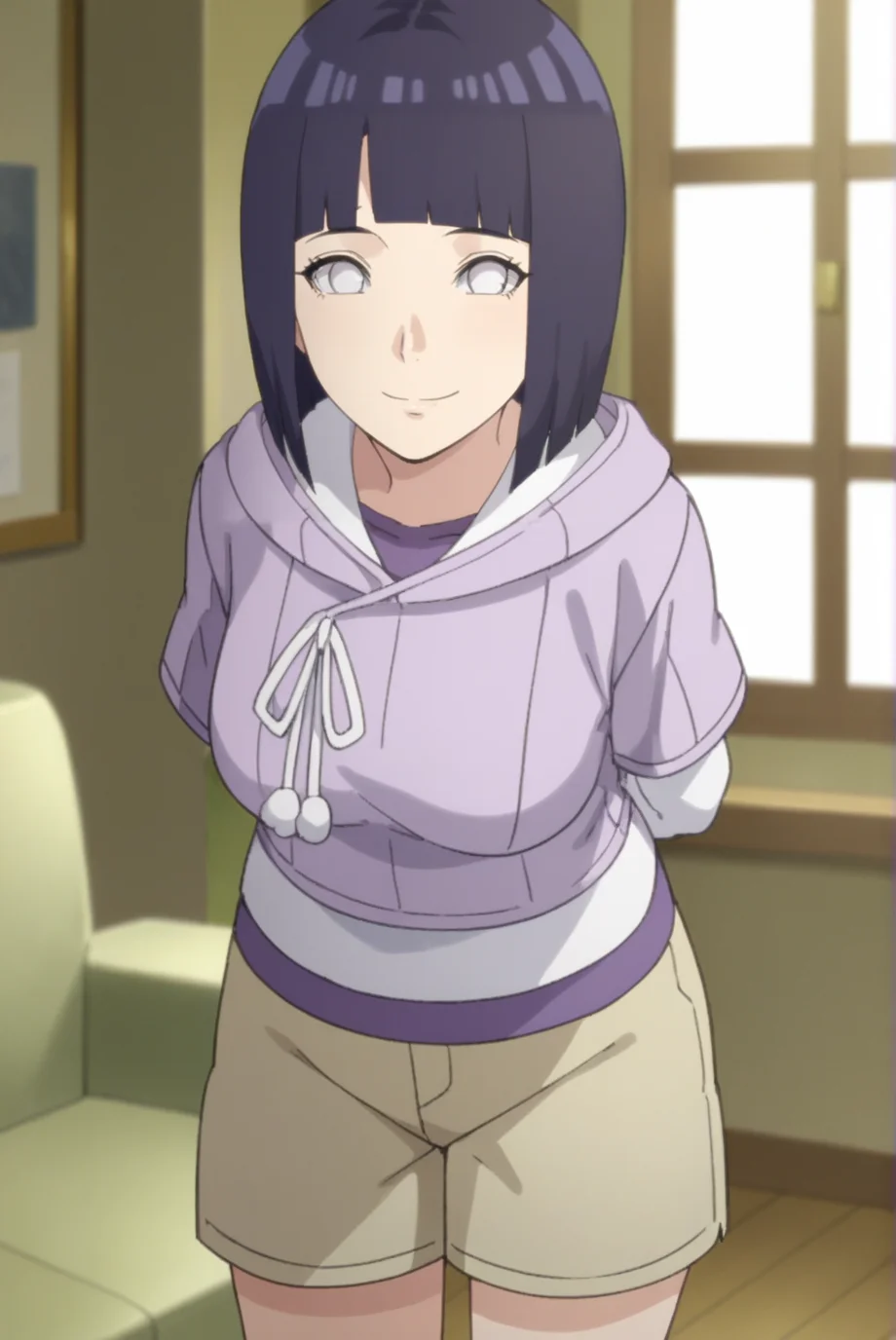score_9, score_8_up, score_7_up, score_6_up, score_5_up, score_4_up, BREAK source_anime, 1girl, solo,
<lora:HinataBorutoXL-v1-07:0.7>, ChopioHinataBoruto, medium hair, purple hair, shiny hair, bob cut, blunt bangs, no pupils, white eyes, looking at viewer,
medium breasts, mature female,
outfit_1, lilac hoodie, hood down, white shirt, purple undershirt, drawstring, short over long sleeves, brown shorts,
living room, standing, smile, arms behind back, leaning forward, cowboy shot,