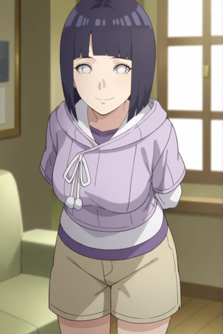 score_9, score_8_up, score_7_up, score_6_up, score_5_up, score_4_up, BREAK source_anime, 1girl, solo,
<lora:HinataBorutoXL-v1-07:0.7>, ChopioHinataBoruto, medium hair, purple hair, shiny hair, bob cut, blunt bangs, no pupils, white eyes, looking at viewer,
medium breasts, mature female,
outfit_1, lilac hoodie, hood down, white shirt, purple undershirt, drawstring, short over long sleeves, brown shorts,
living room, standing, smile, arms behind back, leaning forward, cowboy shot,
