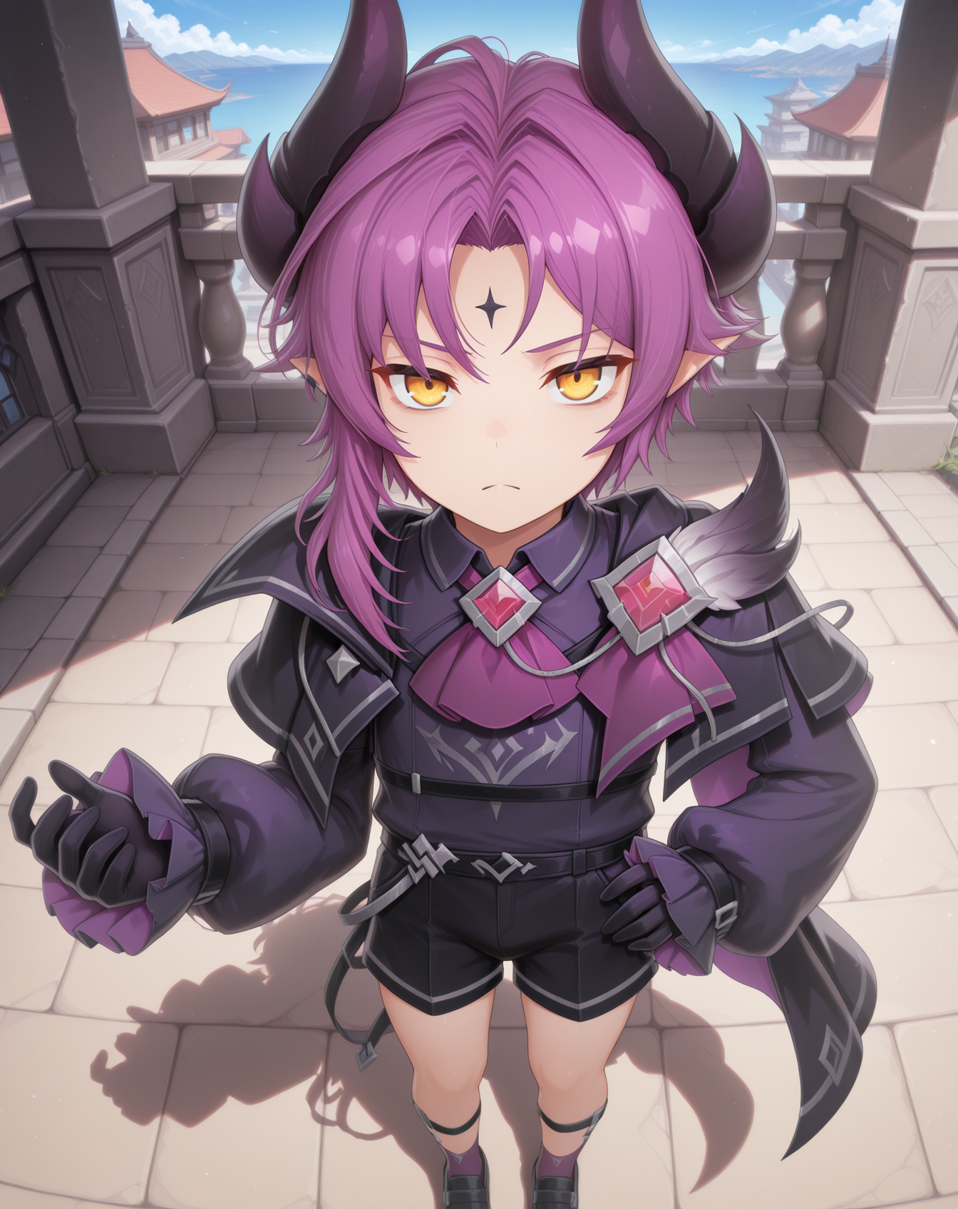 masterpiece, amazing quality, best quality, absurdres, very aesthetic,
1boy, solo, yaoi, male focus, full body, from above, standing, looking at viewer, face focus,
<lora:Veigas_T_Default_ilxl:1> veigastdefault, demon horns, yellow eyes, purple hair, pointy ears, forehead mark, demon boy, parted bangs, black horns,asymmetrical hair,
black shorts, collared shirt,purple ascot, black gloves, puffy long sleeves, purple cape, black shirt, black jacket, black cape, purple shirt, frilled sleeves, puffy sleeves, purple gloves, jewelry, sleeves past wrists, open clothes, purple necktie, purple vest, frown, brooch,
purple socks, black footwear, legwear garter, black socks, shoes,
outdoors, day, blue sky,