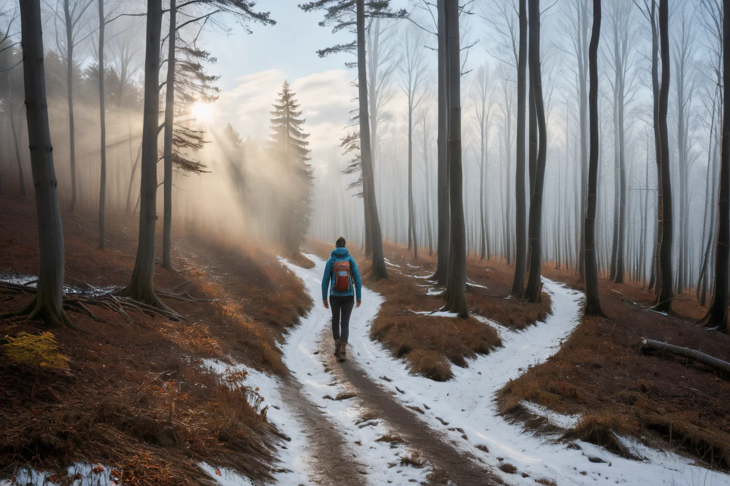 Hyperrealistic art professional photo, woman hiking on forest path, autumn woods with patches of snow, scenery, forest, (dramatic sky, journal cover shot, natural colors, correct white balance, color correction, dehaze,clarity), . Extremely high-resolution details, photographic, realism pushed to extreme, fine texture, incredibly lifelike <lora:When_autumn_meets_winter_XL:1>