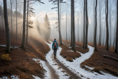 Hyperrealistic art professional photo, woman hiking on forest path, autumn woods with patches of snow, scenery, forest, (dramatic sky, journal cover shot, natural colors, correct white balance, color correction, dehaze,clarity), . Extremely high-resolution details, photographic, realism pushed to extreme, fine texture, incredibly lifelike <lora:When_autumn_meets_winter_XL:1>