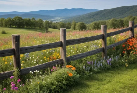 "A rustic wooden fence with a weathered finish, surrounded by colorful wildflowers, set against a backdrop of a serene countryside landscape."