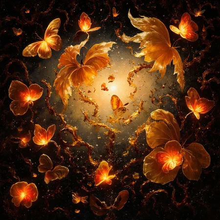 ArsMJStyle, impressionism, Ukiyo-e, A surreal and painterly composition featuring **radiant golden bleeding hearts flowers** and **luminescent, ethereal butterflies glowing with crimson hues** against a pitch-black background. The flowers exude a vivid metallic sheen. The petals are dripping amber nectar. The butterflies pulse with an otherworldly golden-red light, and their wings are traced with intricate fiery patterns.
The atmosphere is enhanced by a dreamy **bokeh effect** that scatters soft glimmers of gold and crimson throughout the composition, creating depth and a sense of quiet wonder. The interplay of **rich golden highlights and deep black shadows** evokes an enchanting, almost mystical ambiance. Subtle embers float in the air, adding a dynamic, surreal quality to the scene.
The overall aesthetic is vivid yet balanced, emphasizing the **contrast between the glowing warmth of the flowers and harshness of the surrounding butterflies**. Rendered in **8K ultra-detail**, the textures are hyper-realistic, while the colors glow with an intense vibrancy, embodying an elegant harmony of surreal beauty and luxurious simplicity.