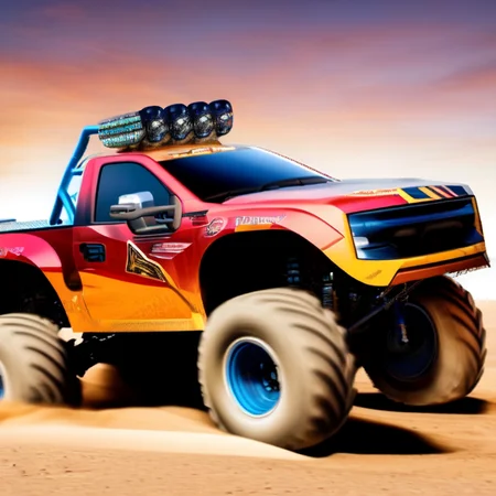 photo (truckplans:1) a large monster truck driving through a desert area <lora:djzTruckPlans_LoraBooth:1>