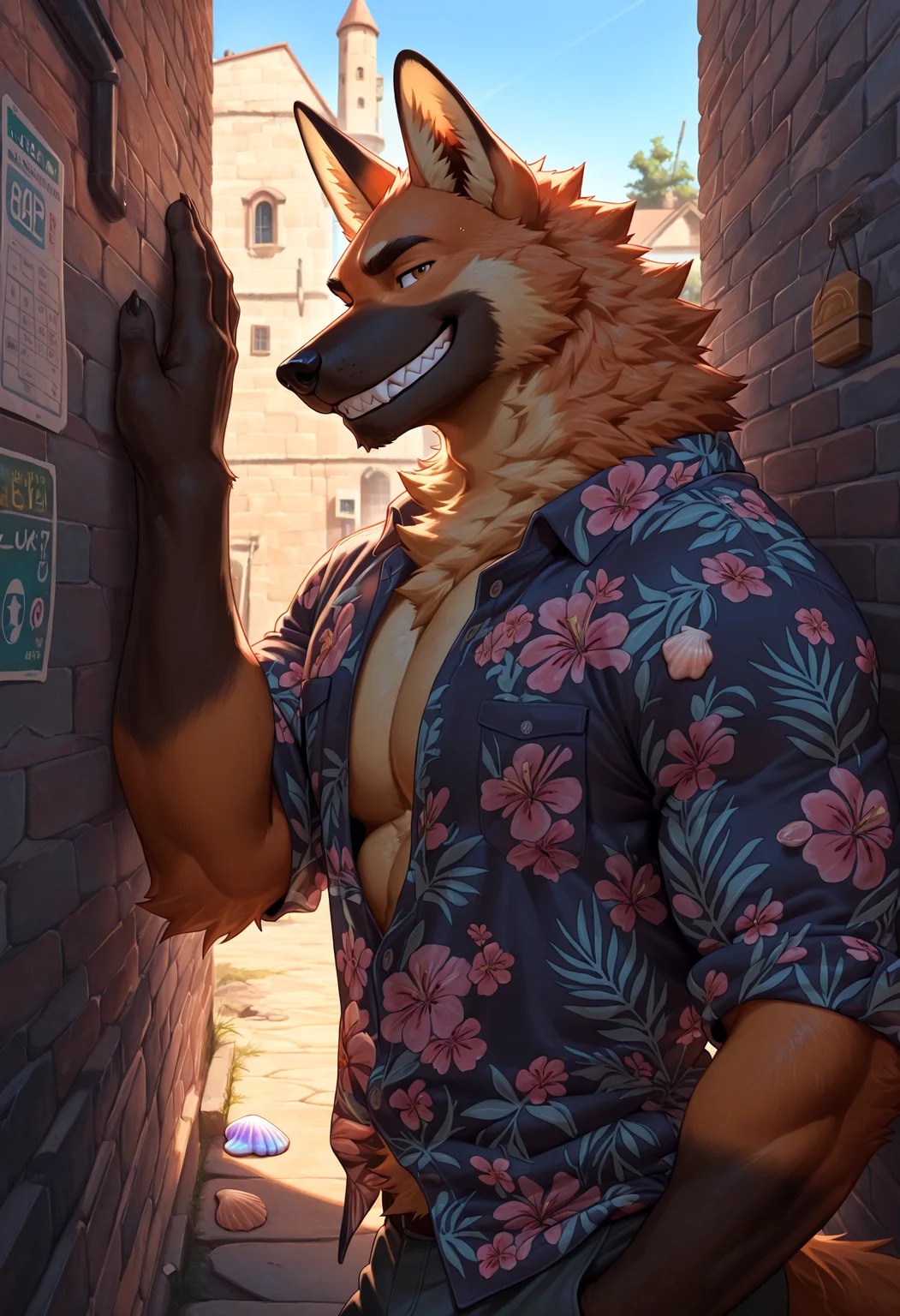 4k, score_9, score_8_up, score_7_up, mature, male focus, male, (detailed face), (detailed eyes), sharp focus, masterpiece, best quality, amazing quality, good lighting, anthro, male focus, furry male, sharp teeth, furry, bara, 5finger, Maned Wolf anthro, Maned Wolf smoky fur, standing in alley, shirt open, one hand on wall, teasing grin gracefully, floating sky island, iridescent seashell glow, floral shirt, l1ndong,