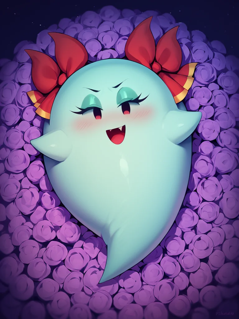 score_9, score_8_up, score_7_up, 1girl, boo \(mario\), lady bow, no humans, on back,
haunted mansion, night, purple flowers,
<lora:Lady_Bow_Paper_Mario:1> img