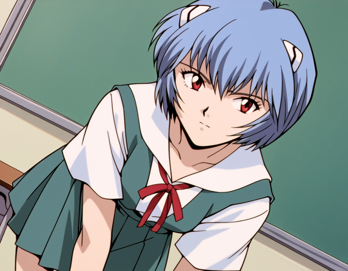 score_9, score_8_up, score_7_up, source_anime,
reiayanami,  <lora:rei-ayanami-classic-ponyxl-lora-nochekaiser:1>,
rei ayanami, ayanami rei, blue hair, short hair, red eyes,
skirt, shirt, ribbon, school uniform, white shirt, short sleeves, red ribbon, neck ribbon, tokyo-3 middle school uniform,
classroom, bent over,
cowboy shot, looking at viewer, solo, dutch angle,