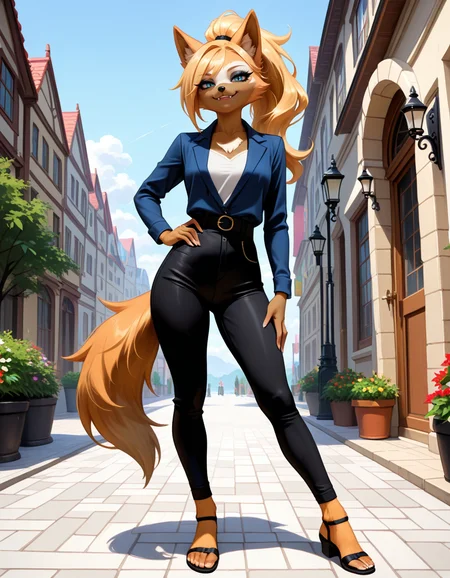 masterpiece, best quality, very aesthetic, absurdres,
outdoors, casual, 
full body, standing, posing, 
 seductive smile, parted lips, long eyelashes,
 <lora:Whisper_the_Wolf_v01_NAIXL:1>,
Wh15p3r,1girl,solo,furry,furry female,wolf girl,long hair,blonde hair,wolf ears,ponytail,blue eyes,makeup,anout,animal nose,fangs,body fur,two-tone fur,orange fur,brown fur,wolf tail,