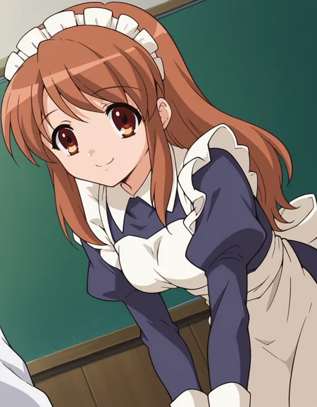 score_9, score_8_up, score_7_up, source_anime,
mikuruasahina, <lora:mikuru-asahina-s1-ponyxl-lora-nochekaiser:1>,
mikuru asahina, long hair, brown hair, brown eyes,
long sleeves, apron, maid, maid headdress,
indoors, classroom, bent over, smile,
looking at viewer, dutch angle, cowboy shot, solo,