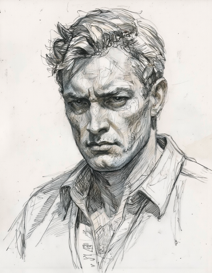 This is a highly detailed, monochromatic pencil drawing of a man's face. The subject is depicted in a realistic style, capturing every nuance of his facial features and expressions. The man has a weathered, rugged appearance, with deeply etched lines on his face, suggesting age and hardship. His skin is textured with fine pencil strokes, showing the creases, wrinkles, and pores, adding to the realism. His hair is thick, tousled, and slightly unkempt, with visible strands of gray. The man's eyes are deeply set, with a stern, almost pained expression, and his eyebrows are furrowed, enhancing the sense of seriousness and contemplation. His nose is prominent, with a slightly crooked bridge, and his lips are thin and downturned, giving him a somber, introspective look. The man is wearing a simple, open-collared shirt, with the fabric rendered in fine, delicate lines that show the texture of the fabric. The background is a plain, light-colored canvas, which keeps the focus entirely on the man's face. The overall mood of the drawing is somber and introspective, emphasizing the subject's intense emotional state. <lora:Sketch:0.95>