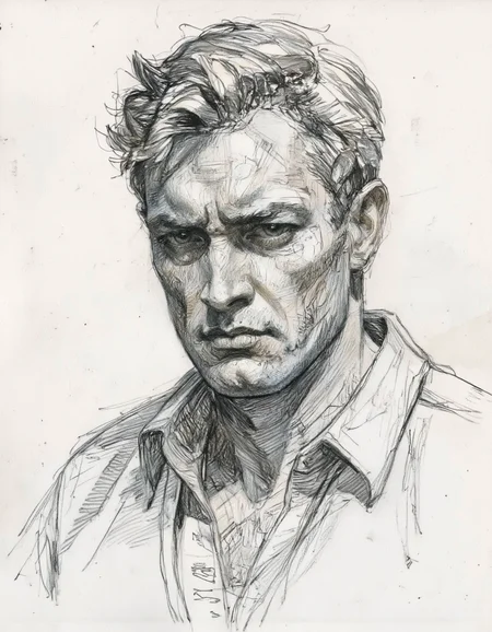 This is a highly detailed, monochromatic pencil drawing of a man's face. The subject is depicted in a realistic style, capturing every nuance of his facial features and expressions. The man has a weathered, rugged appearance, with deeply etched lines on his face, suggesting age and hardship. His skin is textured with fine pencil strokes, showing the creases, wrinkles, and pores, adding to the realism. His hair is thick, tousled, and slightly unkempt, with visible strands of gray. The man's eyes are deeply set, with a stern, almost pained expression, and his eyebrows are furrowed, enhancing the sense of seriousness and contemplation. His nose is prominent, with a slightly crooked bridge, and his lips are thin and downturned, giving him a somber, introspective look. The man is wearing a simple, open-collared shirt, with the fabric rendered in fine, delicate lines that show the texture of the fabric. The background is a plain, light-colored canvas, which keeps the focus entirely on the man's face. The overall mood of the drawing is somber and introspective, emphasizing the subject's intense emotional state. <lora:Sketch:0.95>