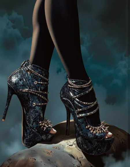 Art by Alessandro Barbucci.
The view is very close. Women's legs, stockings, stylish sandals made of dark snakeskin with high heels, metal spikes, beautiful white pedicure. The background is a dark gradient in blue tones with fog and clouds of steam. The background is minimalist, a gradient of shadowy blue tones, amplifying the ethereal and futuristic ambiance of the scene. The overall composition feels cinematic, blending high fashion with a science fiction aesthetic.
