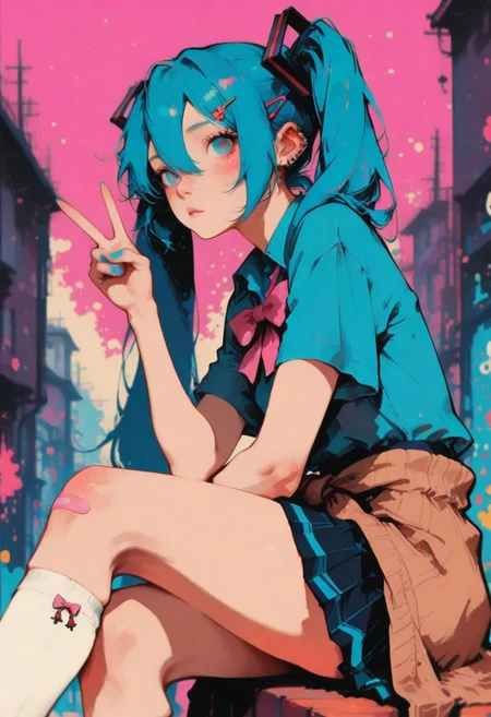 masterpiece, best quality, very aesthetic, absurdres, perfect quality, newest, highres, 8k, ultra-detailed:1.2, (( abstract, impressionism, surreal, painterly, adjacent colors, depth of field, )), 69yottea_style_illu, vdsur, colorful background, wasabi_natsume_illu, hatsune miku, 1girl, bandaid, bandaid on knee, black miniskirt, blue eyes, blue hair, blue nails, blue shirt, blush, bowtie, brown sweater, character charm, clothes around waist, ear piercing, fingernails, hair between eyes, hairclip, hand up, kneehighs, long hair, looking at viewer, pink bow, pink bowtie, pleated skirt, school uniform, short sleeves, sitting, solo, striped clothes, striped skirt, sweater around waist, triple ryuunen, twintails, v, white socks, cute, bright, sharp colors, thighs, from side,