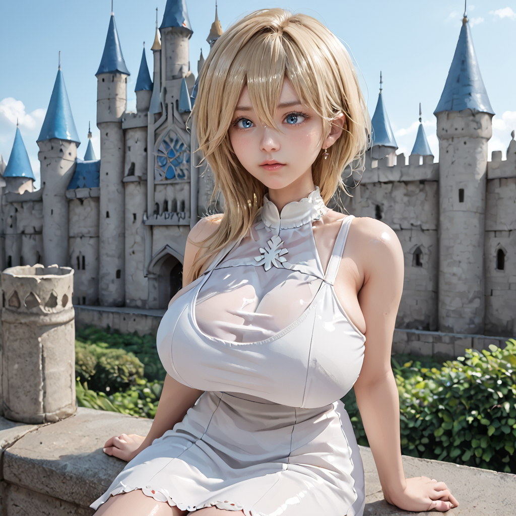20yo, score_9,score_8_up,score_7_up, shiny oild skin,
solo, imtdnaminekh, 1girl, blonde, blue eyes, hair between eyes, white dress, bare shoulders, sleeveless, castle, gigantic breasts, sitting, outdoor, rs
 <lora:Namine_Kingdom_Hearts_Pony:0.75> <lora:Add_more_details_V2_XLpony:2>