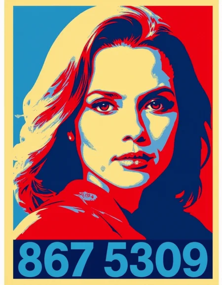 red blue and beige pop art style poster by shepard fairey. The poster is a closeup portrait of a woman.  The background is a blue to red veritcal gradient. At the bottom of the poster is light blue large bold against a dark blue text "867 5309". The poster has a yellow border. <lora:h0p3-FLUX-000007:1>
