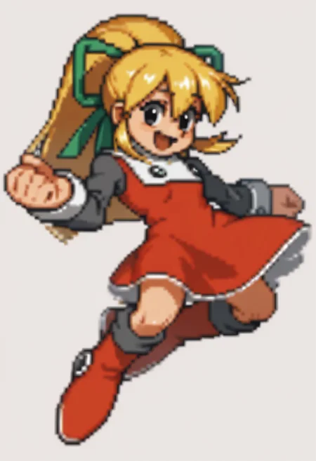 score_9, score_8_up, score_7_up BREAK RollMvC, 1girl, blonde hair, ponytail, black eyes, green ribbon, white collar with black buttons, red dress, long gray sleeves, white cuffs, red white boots, full body, smiling,