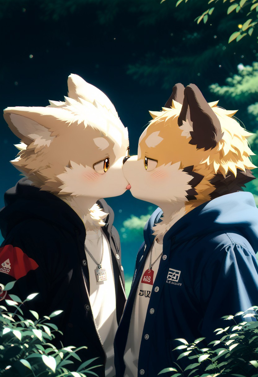score_9, score_8_up, score_7_up, zPDXL3, ((((sdgs4by zuppu11)))), 2boys, duo, furry focus, cute, kemono, detailed background, park background, rating_safe, kiss