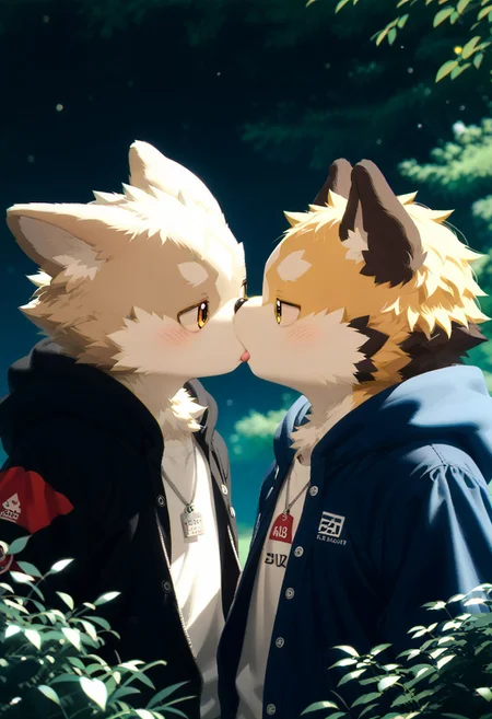 score_9, score_8_up, score_7_up, zPDXL3, ((((sdgs4by zuppu11)))), 2boys, duo, furry focus, cute, kemono, detailed background, park background, rating_safe, kiss