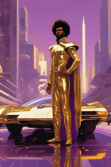 <lora:Syd Mead Style:1>Syd Mead Style - a Syd Mead depiction of a super wide shot an african american man with a full beard and afro hair wearing gold purple flowing armored garments standing on a reflective highway with his golden race car in the foreground, bustling futuristic cityscape background