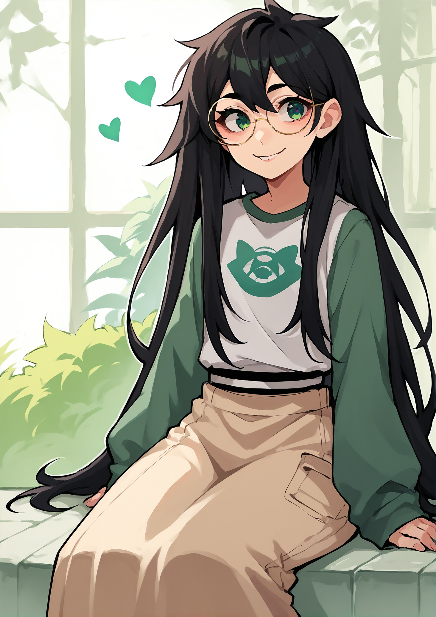 score_9, score_8_up, score_7_up, score_6_up, score_5_up, score_4_up, 2d, anime, anime artstyle, simple shadows, flat coloring, flat shadows, thick lines, white outline, jadeharleystart <lora:Jade_Harley_-_Homestuck__Variant_outfits_-_SDXL_Pony:0.9>, 1girl, solo, black hair, long hair, glasses, green eyes, smile, shirt, grey sleeves, long skirt, sitting, heart source_anime