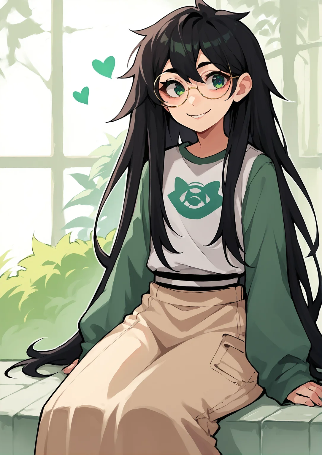 score_9, score_8_up, score_7_up, score_6_up, score_5_up, score_4_up, 2d, anime, anime artstyle, simple shadows, flat coloring, flat shadows, thick lines, white outline, jadeharleystart <lora:Jade_Harley_-_Homestuck__Variant_outfits_-_SDXL_Pony:0.9>, 1girl, solo, black hair, long hair, glasses, green eyes, smile, shirt, grey sleeves, long skirt, sitting, heart source_anime