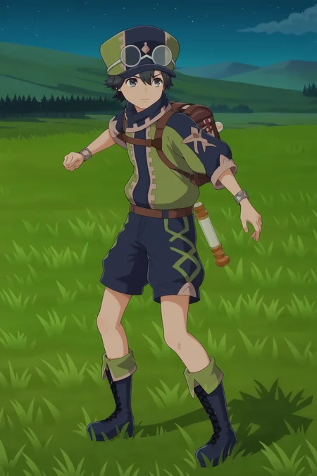anime screencap, anime coloring, detailed face, masterpiece, best quality, very aesthetic, absurdres, volumetric lighting,
outside, grass, at night, night
<lora:Jean_Fire_Emblem_Engage:.8>
1boy, solo, male focus, bag, shorts, night, cross-laced footwear, hat, boots, goggles, standing, backpack, black hair, lace-up boots, full body,
running, motion lines, motion blur