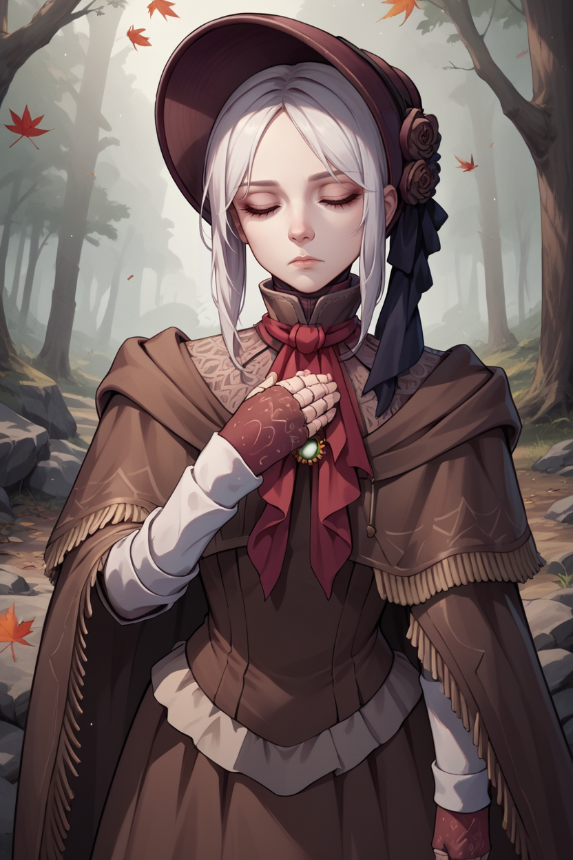 score_9, score_8_up, source_7_up, source_anime BREAK 1girl  <lora:plaindoll-pdxl-nvwls-v1:1> plaindoll, white hair, doll joints, bonnet, red ascot, brown cloak, brown dress, gloves, looking at viewer, expressionless, forest, trees, fallen leaves, dark skies, grey sky, desaturated, muted palette, closed eyes, expressionless, hand up, hand on own chest