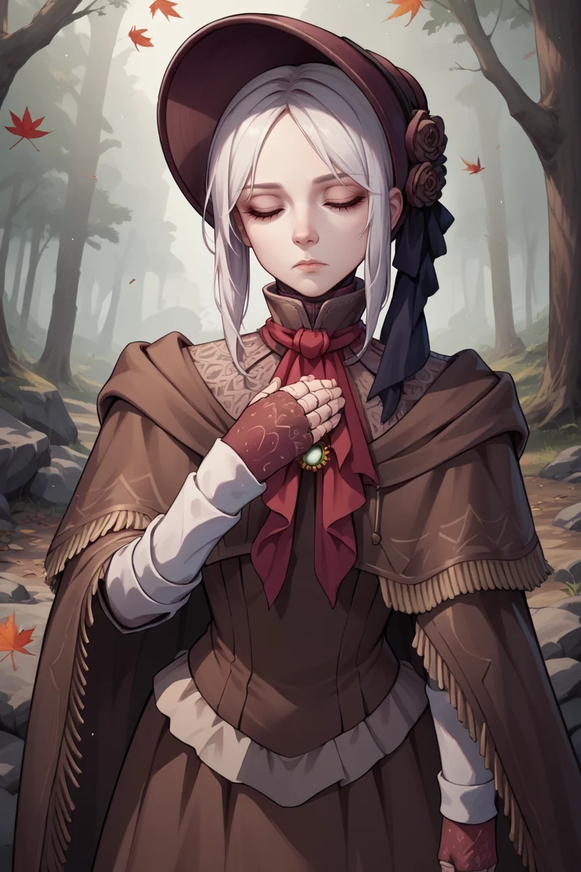 score_9, score_8_up, source_7_up, source_anime BREAK 1girl  <lora:plaindoll-pdxl-nvwls-v1:1> plaindoll, white hair, doll joints, bonnet, red ascot, brown cloak, brown dress, gloves, looking at viewer, expressionless, forest, trees, fallen leaves, dark skies, grey sky, desaturated, muted palette, closed eyes, expressionless, hand up, hand on own chest
