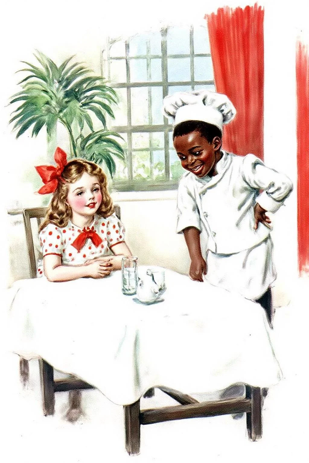 jamesmontgomeryflagg1 illustration.
On the left, a young girl with long hair adorned with a large red bow sits at a table covered with a white tablecloth. She wears a white dress with red polka dots and a red ribbon around her neck. On the right stands an African American child wearing a white chef's hat and uniform, smiling, bowing slightly with his hand resting on his waist. The table holds a glass of water, a small pitcher, and a white cup. In the background, a large green plant and a window with a grid pattern are visible, along with a red curtain on the right. <lora:jamesmontgomeryflagg1_cap_d8a4e12:1.0><lora:859134803620968981:0>