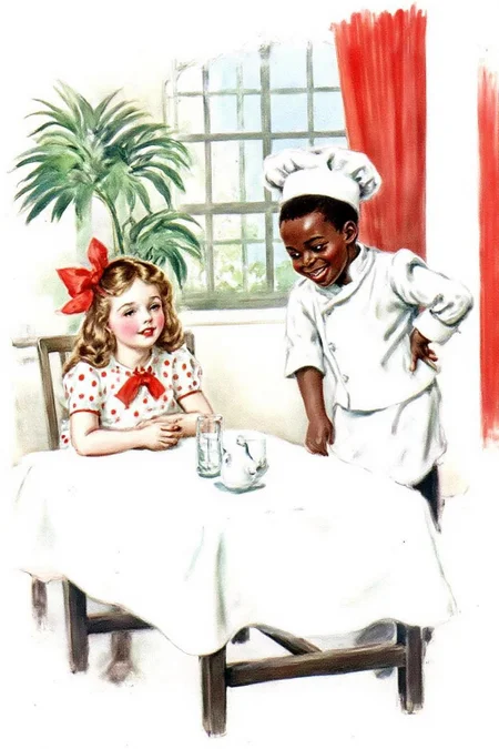 jamesmontgomeryflagg1 illustration.
On the left, a young girl with long hair adorned with a large red bow sits at a table covered with a white tablecloth. She wears a white dress with red polka dots and a red ribbon around her neck. On the right stands an African American child wearing a white chef's hat and uniform, smiling, bowing slightly with his hand resting on his waist. The table holds a glass of water, a small pitcher, and a white cup. In the background, a large green plant and a window with a grid pattern are visible, along with a red curtain on the right. <lora:jamesmontgomeryflagg1_cap_d8a4e12:1.0><lora:859134803620968981:0>