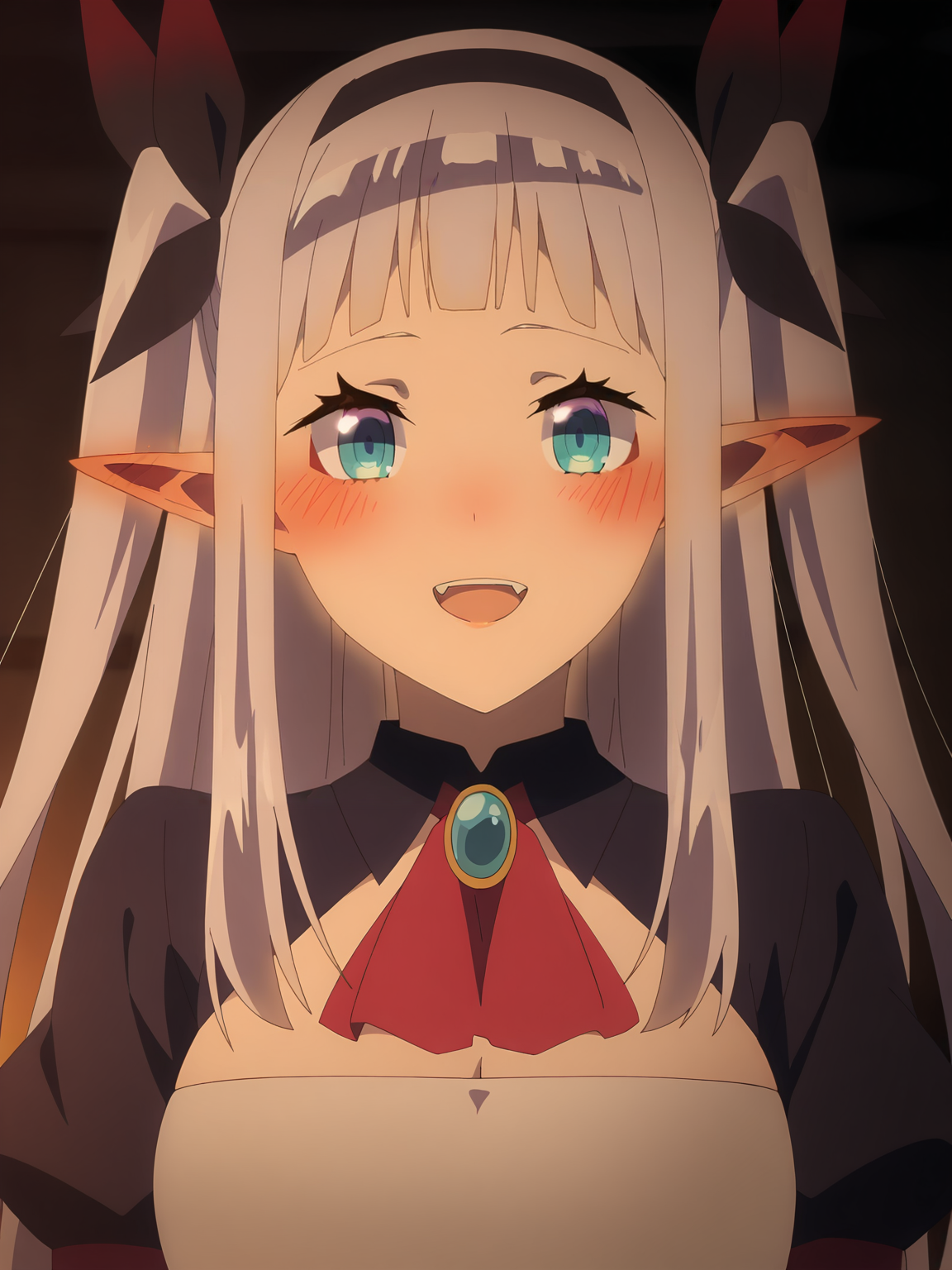 <lora:Rurushi_Ru:0.8>, rurushi_ru, 1girl, solo, blue eyes, red eyeshadow, pointy ears, long hair, grey hair, twintails, blunt bangs, hair bow, red ribbon, gem, puffy sleeves, red trim, cleavage cutout, happy, :d, open mouth, upper teeth only, fangs, blush, ear blush, looking at viewer, standing, portrait, indoors, dark, fire light