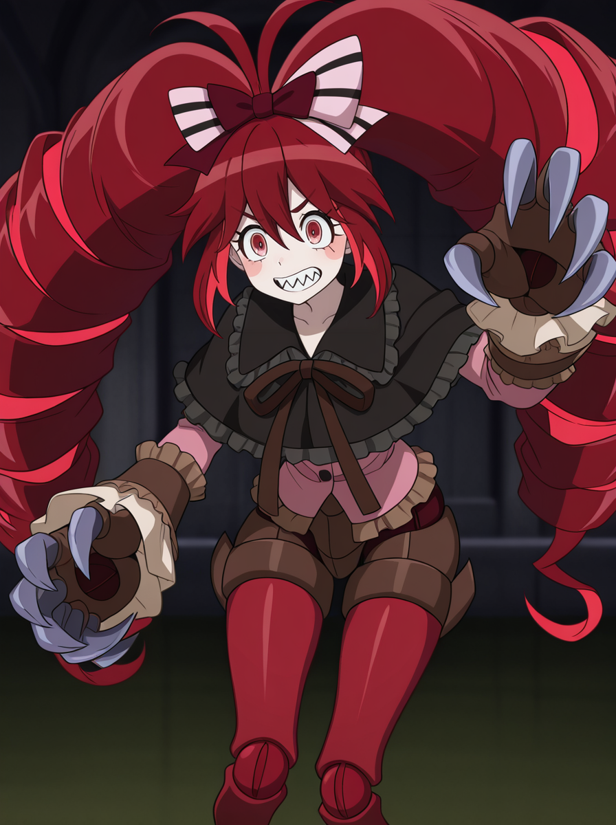 masterpiece, best quality, amazing quality, very aesthetic, absurdres, newest, anime screenshot anime coloring,  <lora:MichaJawkan:1>michajawkan, 1girl, solo, blush stickers, red hair, long hair, twin drills, teeth, sharp teeth, drill hair, claw (weapon), red eyes, bow, joints, doll joints, antenna hair fighting stance,