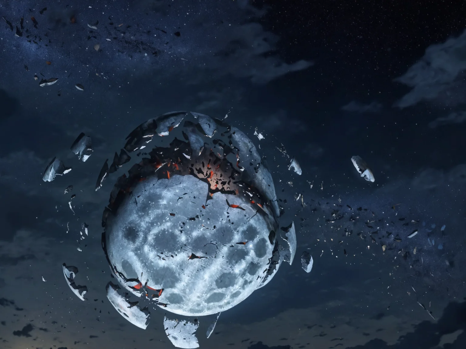 (at night), standing in a devastated and abandoned city, looking up at the sky, the shattered_moon broken by war hangs large in the night sky, <lora:Wolvie_ShatteredMoon_XLv1.1_r1:1>