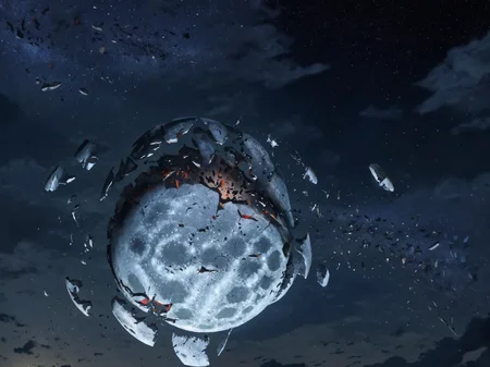 (at night), standing in a devastated and abandoned city, looking up at the sky, the shattered_moon broken by war hangs large in the night sky, <lora:Wolvie_ShatteredMoon_XLv1.1_r1:1>