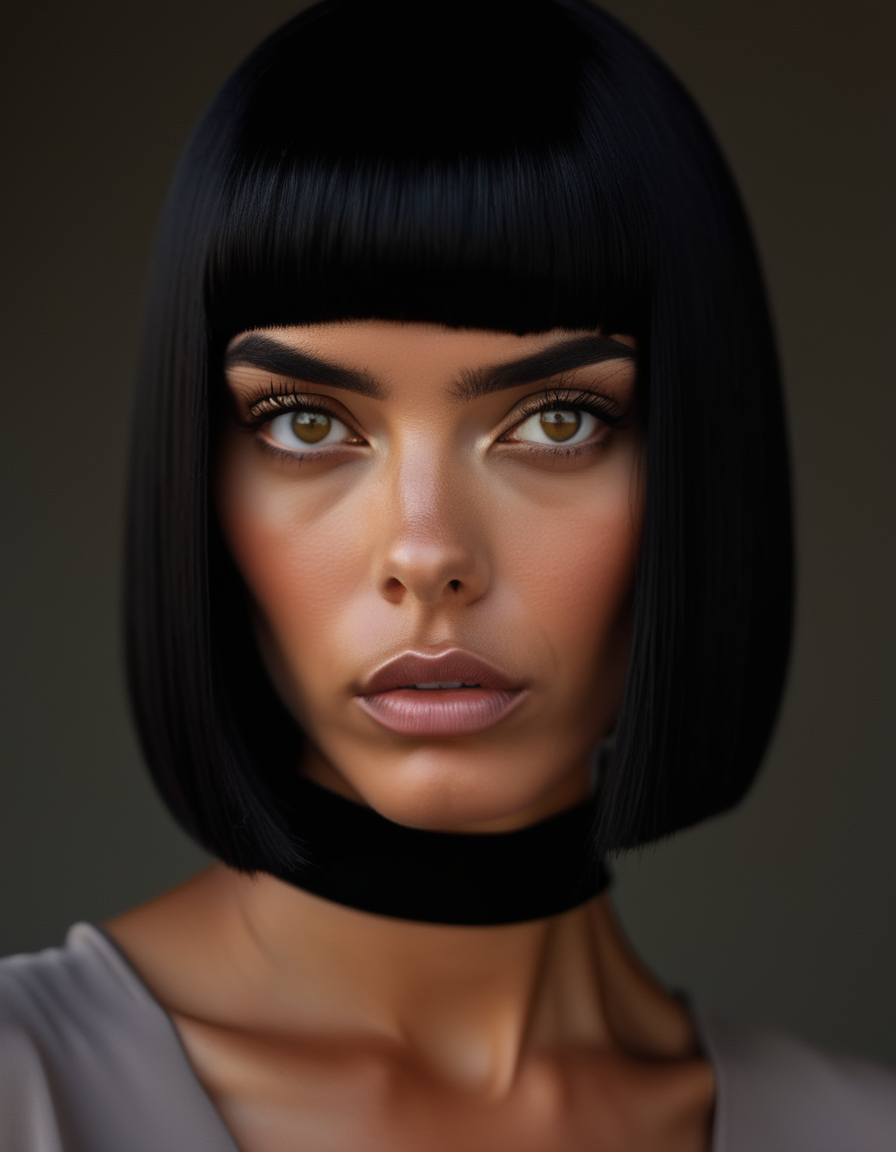A close-up of a model with straight, jet-black hair cut into a blunt bob, her sharp features highlighted by her intense, piercing grey eyes and serious expression. <lora:usual-portrait-v2:1>