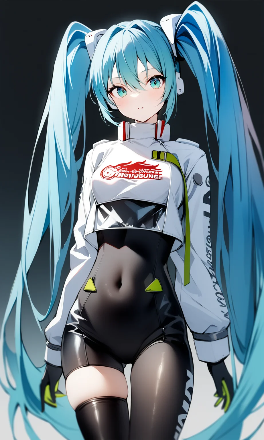 1girl, miku22, aqua eyes, aqua hair, black bodysuit, breasts, covered navel, cowboy shot, hatsune miku, long hair, looking at viewer, race queen, skin tight, solo, thighhighs, twintails, very long hair, zipper,
looking at viewer, arms at sides,
masterpiece, absurdres,
<lora:RacingMiku2022_XL:1>