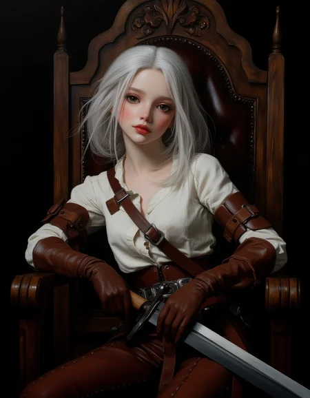 CiriW, masterpiece, Exquisite dolls style, high quality, close up portrait, Oil Painting, featuring a fantasy-themed scene. Focusing on a central girl BJD doll seated on a large, ornate French throne. The girl BJD has fair skin and white hair. She wears a white, sleeveless tunic with a brown leather belt and arm guards. Her expression is confident and relaxed, with a slight smirk. A large sword rests across her lap, its blade extending diagonally across the image. The background is dark, enhancing the dramatic lighting on the subject. Masterful painting, oil on canvas, Focus on the girl, shadow and light, Masterpiece, intricate lines, intriguing atmosphere, sharp magnificent details, delicate features, novuschroma, elaborate details, (2\3 rule composition:0.5), ultra detailed, romantic, Rembrandt lighting, brush stroke, lovely, del1cate_balance style, in the style of Rembrandt. vantablack, Exquisite dolls style <lora:style_of_Rembrandt_FLUX_135:.8> <lora:- Flux1 - vanta_black_V2.0:.6> <lora:Delicate_Balance:.3> <lora:neeeg_f1:-1> <lora:113_novuschromaFLX_1:.2> <lora:Midjourney_Whisper_Minimal:.3> <lora:ç²¾è´äººå¶_lora_v1:1> <lora:FluxCiriWV1:.8>