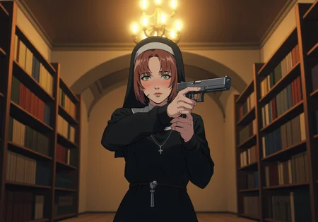 a young woman aiming G17Model glock handgun, a serene portrait of a young nun with lightly freckled fair skin and shoulder-length chestnut-brown hair tucked beneath a simple black veil, her glowing green eyes gazing softly at the viewer with a gentle warmth; she wears a modest black habit with a silver rosary looped around her waist, her hands holding a silver revolver with a polished barrel, the weapon angled slightly downward in a non-threatening stance; she stands in a peaceful monastery library lined with tall wooden shelves filled with ancient tomes, the soft golden glow of an overhead chandelier casting warm light onto the dark wooden floor, creating a tranquil and reverent atmosphere, detailed background, A digital anime artwork in the style of cklg<lora:ck-nc-luminal-genesis-000016.safetensors:1.0:1.0> <lora:Glock (G17)_epoch_12.safetensors:1:1>